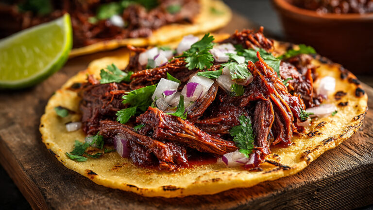 Tacos de barbacoa de res deshebrada en tortilla de maíz con cebolla y cilantro