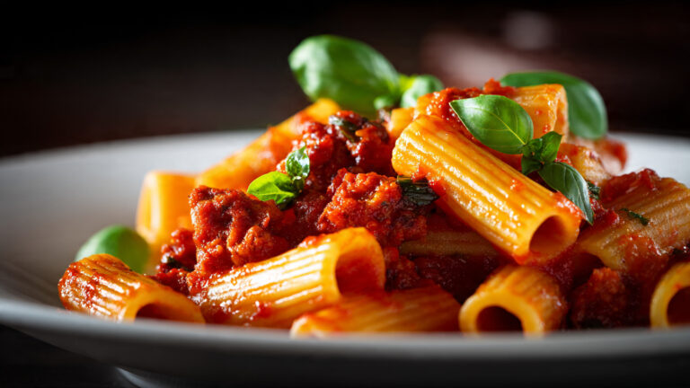 Pasta arrabiata con chorizo mexicano en salsa de jitomate picante con parmesano rallado