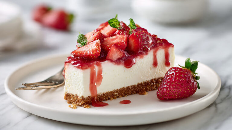 Pay de queso sin horno con galleta María decorado con fresas frescas y mermelada