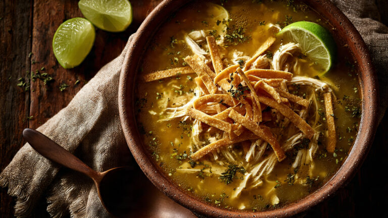 Sopa de lima yucateca con pollo deshebrado y tiras de tortilla frita en tazón de barro